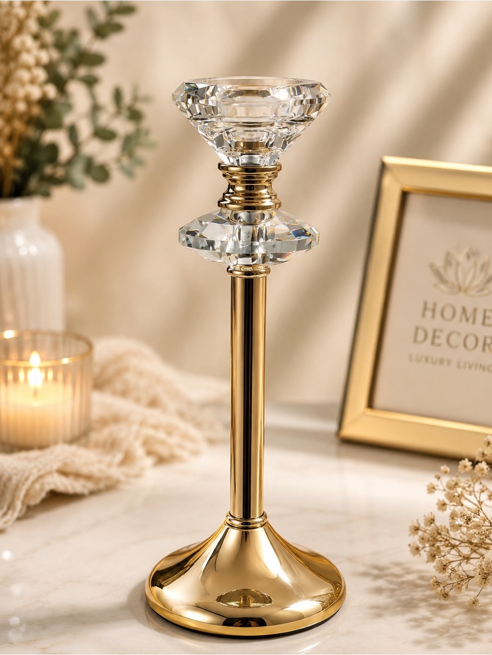 2 Crystal & Gold Metal Candle Holder - Elegant Home Accent